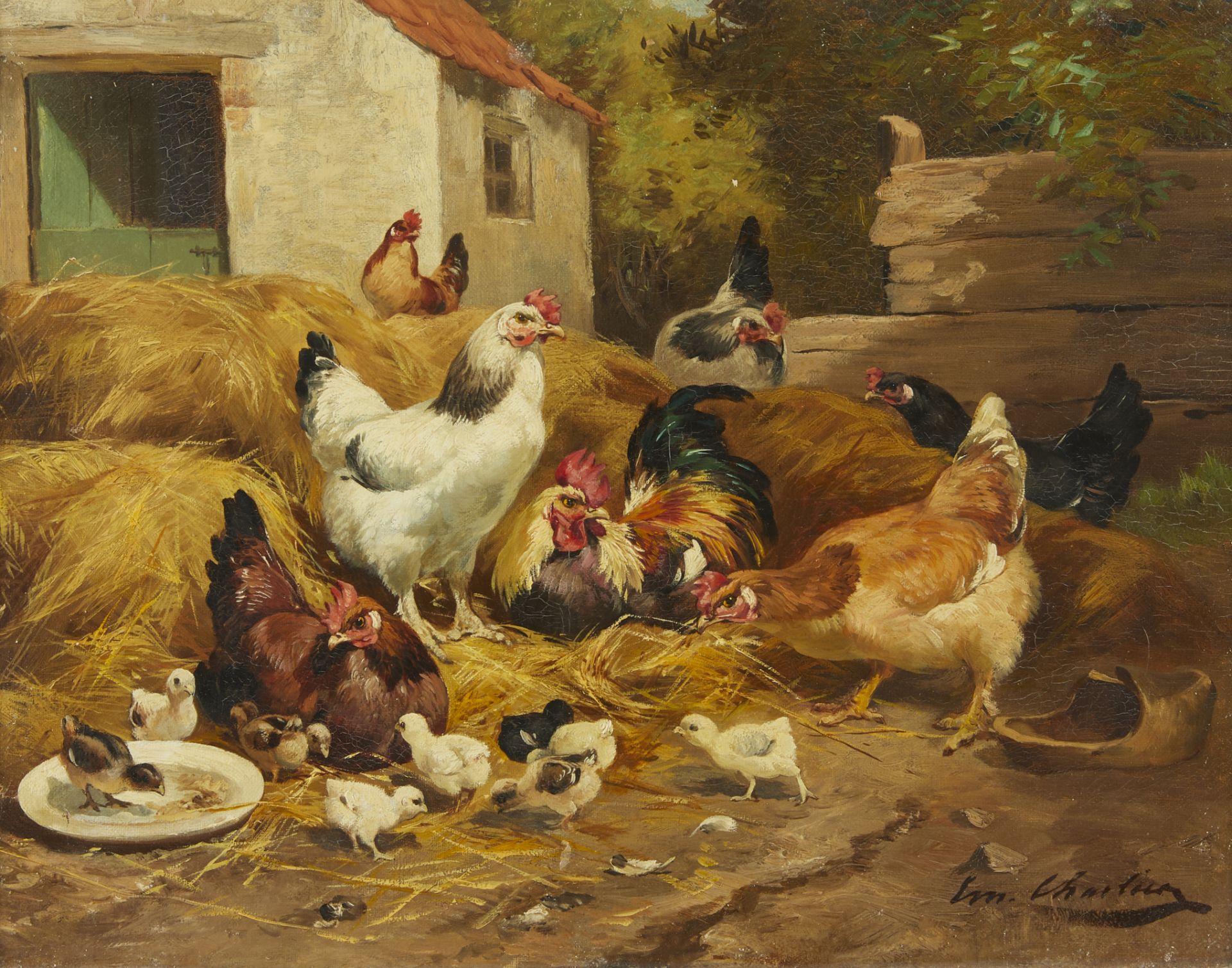French School Farmyard Painting of Chickens