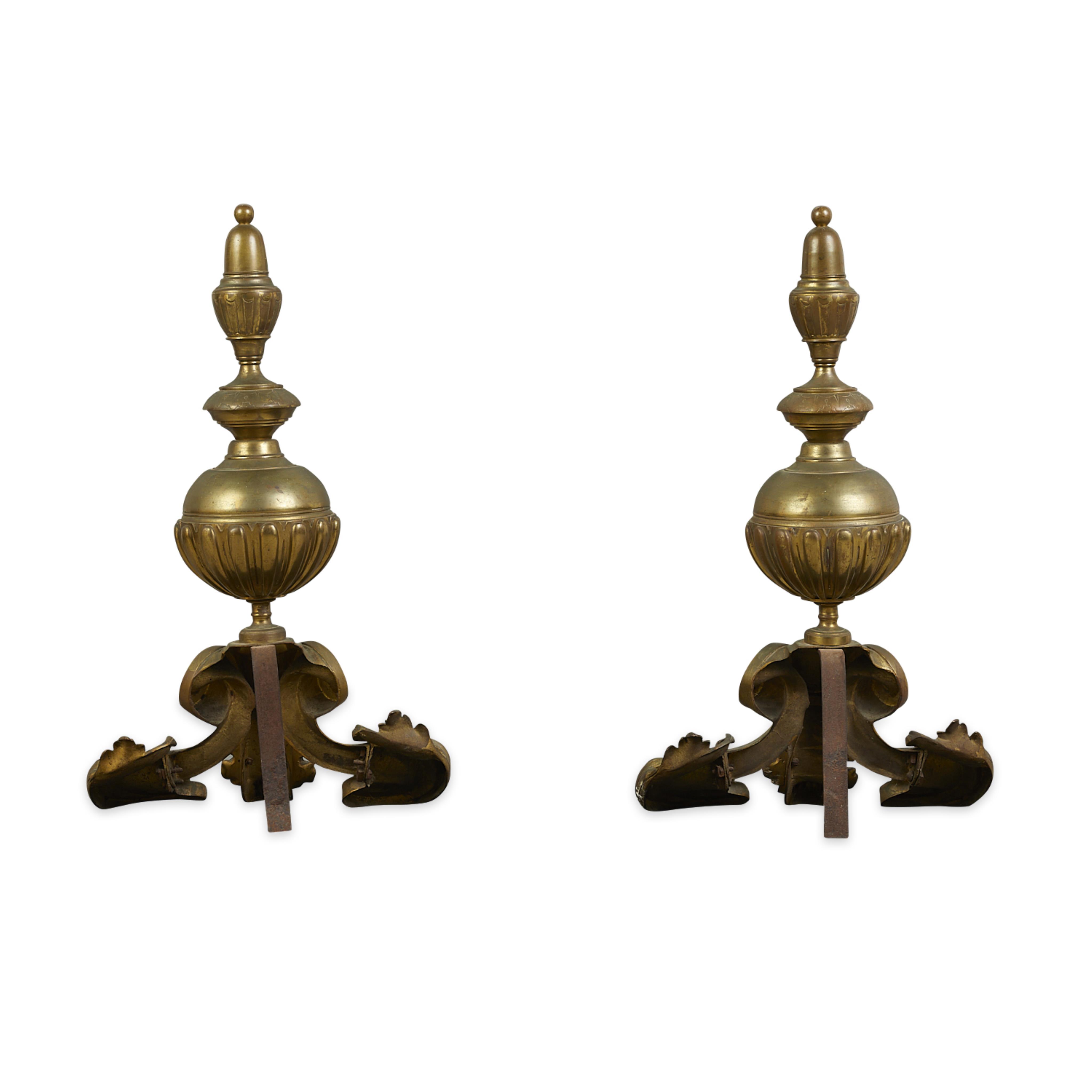 Pair 19th c. Brass Fireplace Andirons - Image 4 of 11