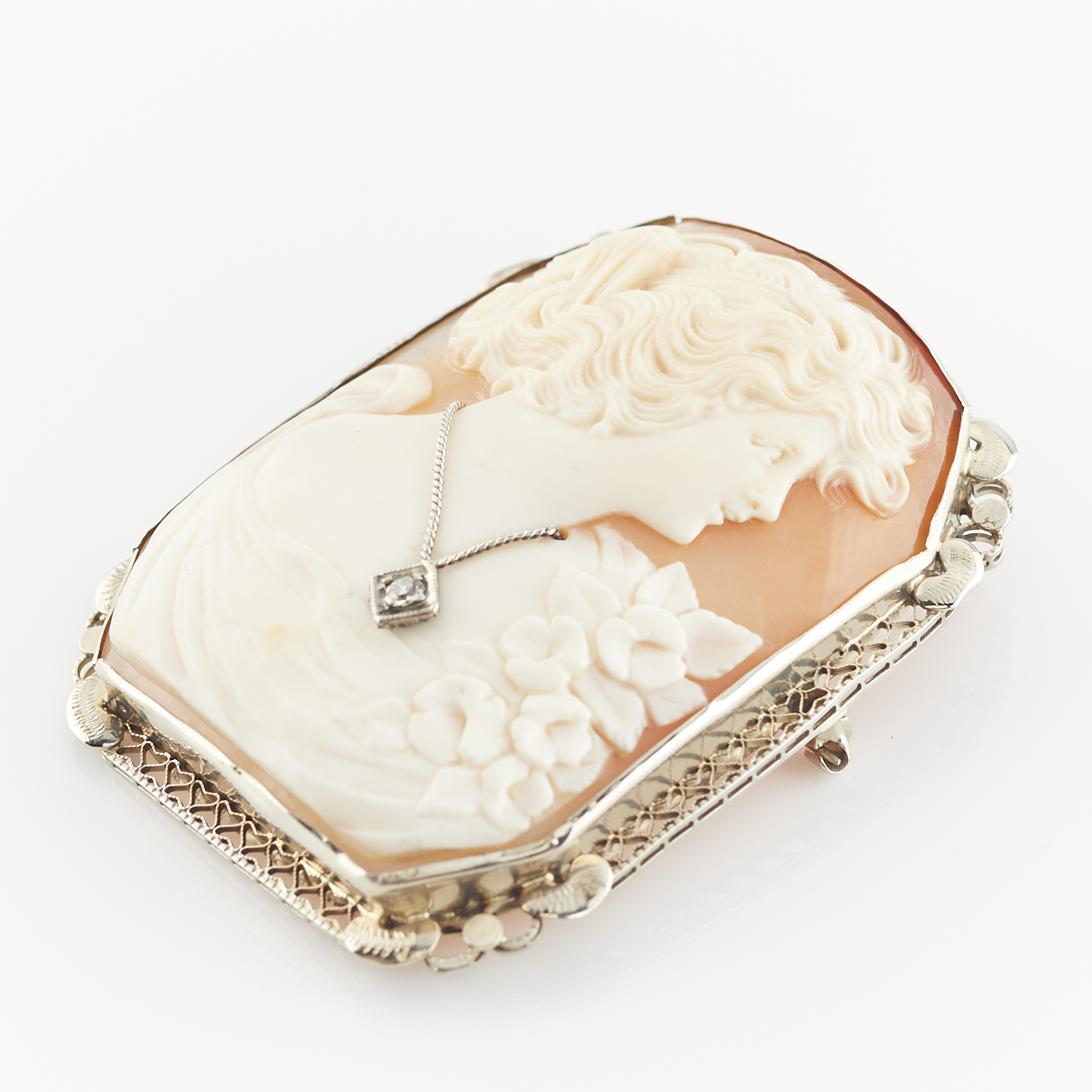 14k White Gold Cameo Habille Brooch w/ Diamond - Image 2 of 8