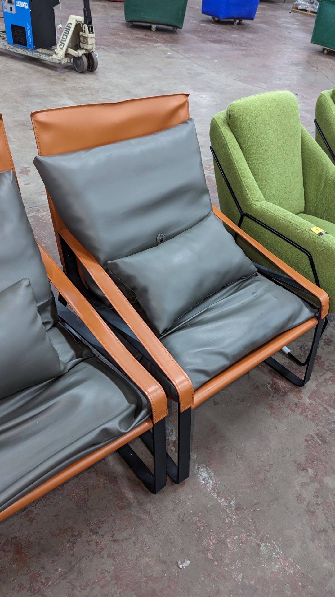 2 chairs on heavy duty black metal frames with tan colour pleather fabric and grey cushioning - Image 4 of 7