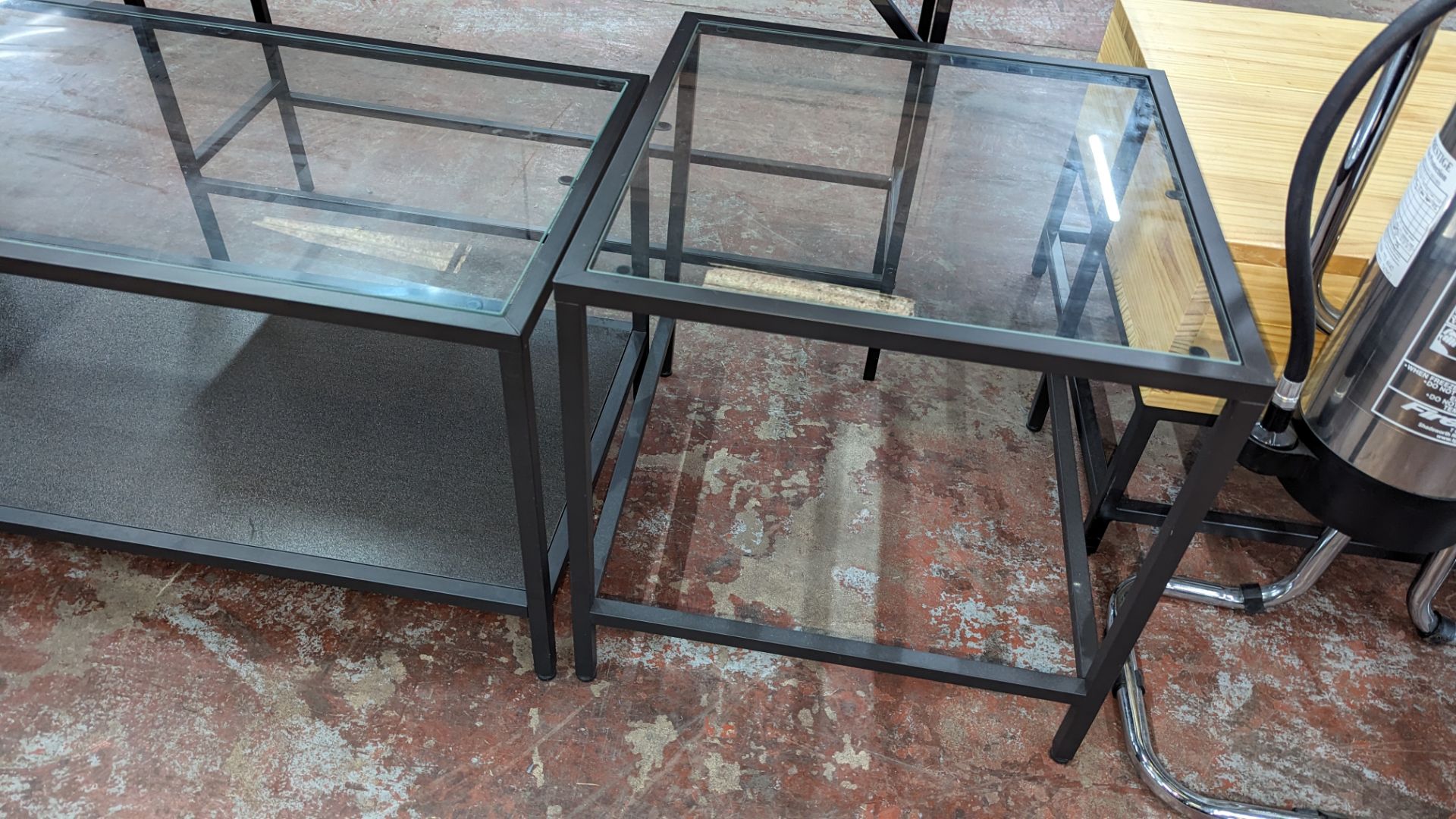 Pair of matching occasional tables dark grey metal with glass tops, one measuring 900mm x 450mm and - Image 4 of 4