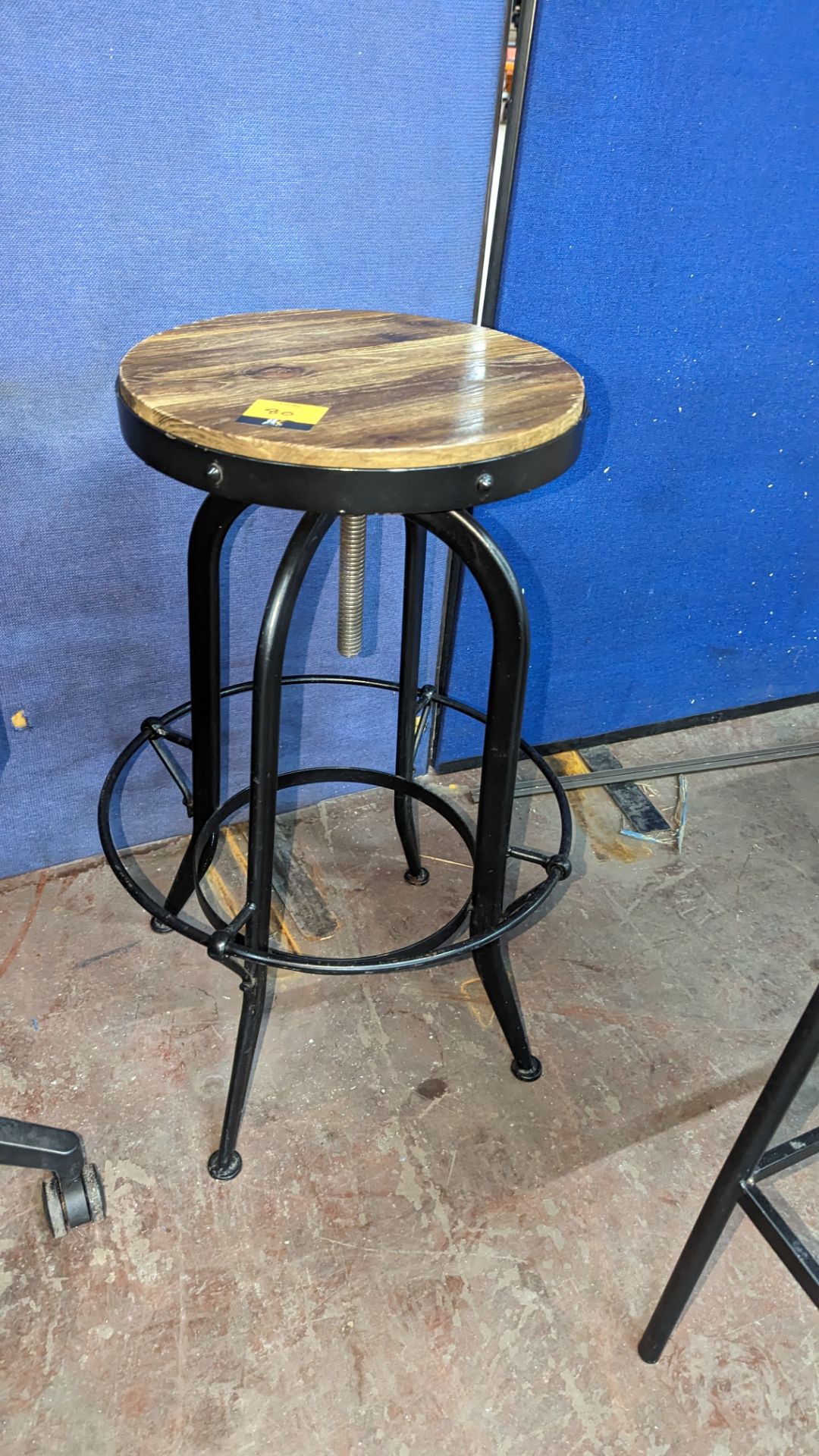 Unusual stool with black metal frame & wooden height adjustable seat - Image 2 of 4