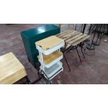 3 off assorted pieces of furniture comprising trolley based shelving unit, folding table and green m