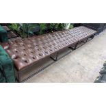 2 off very large brown leather upholstered benches on black metal frames, each measuring 2000mm x 80