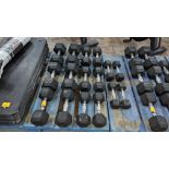 8 pairs of HIIT Hex dumbbells, sizes 2.5kg, 3kg, 5kg, 6kg, 7.5kg, 9kg, 12.5kg and 15kg. In total th