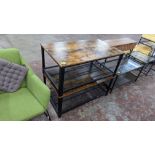 2 off occasional tables each with black metal frames and mesh undertray and brown top, 1050mm x 600m