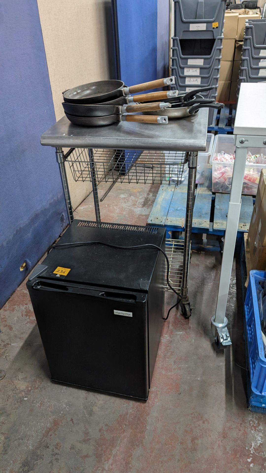 Mixed lot comprising stainless steel trolley with pull-out drawer, 7 pans & small fridge - Image 2 of 8