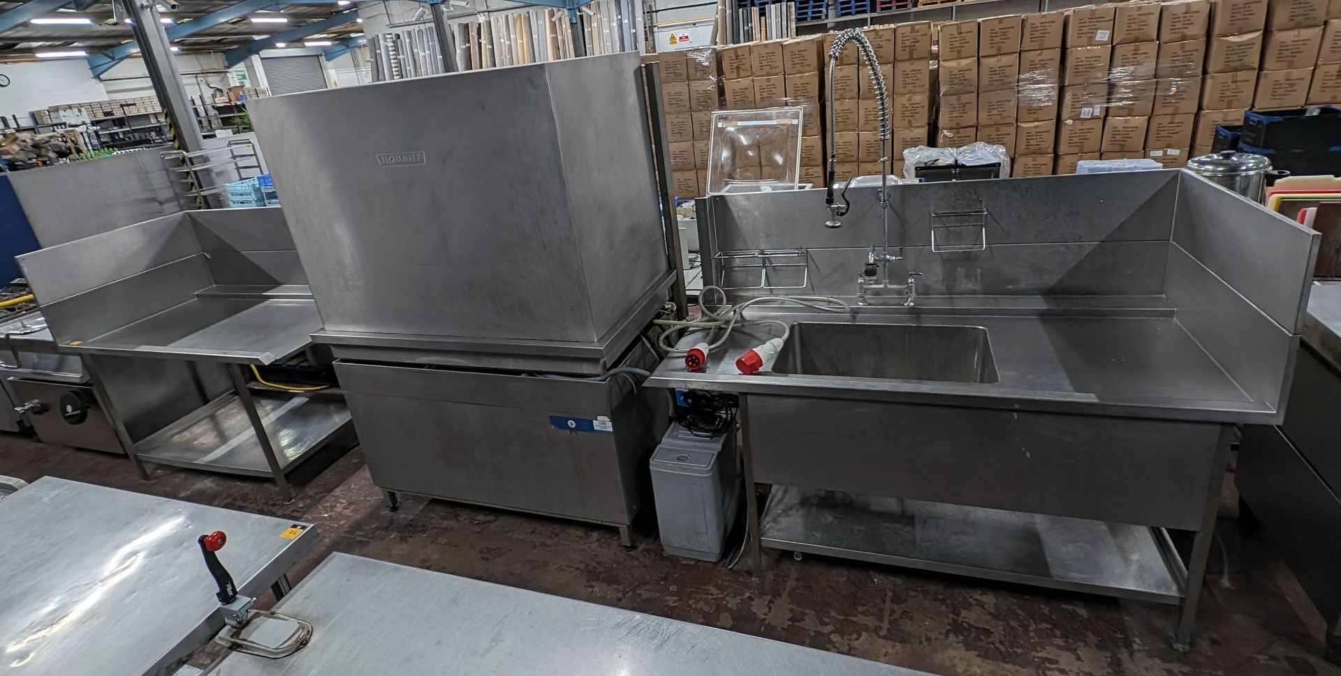 Hobart very large heavy duty commercial pass-through dishwasher including large stainless steel tray