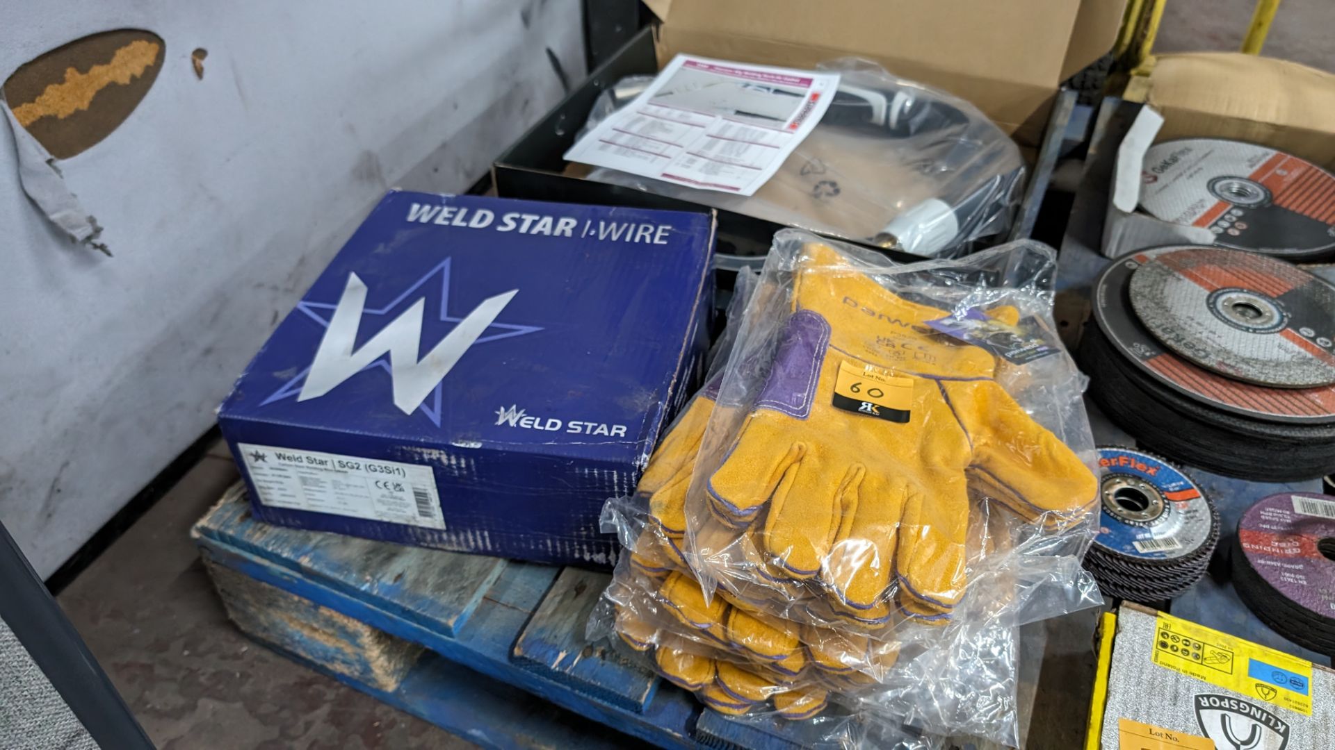 Quantity of welding consumables & PPE comprising stack of gauntlets, box of wire & welding torch, al - Image 7 of 8