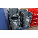 32 off matching large stacking grey crates. Each crate measures approximately 490mm x 390mm x 320mm