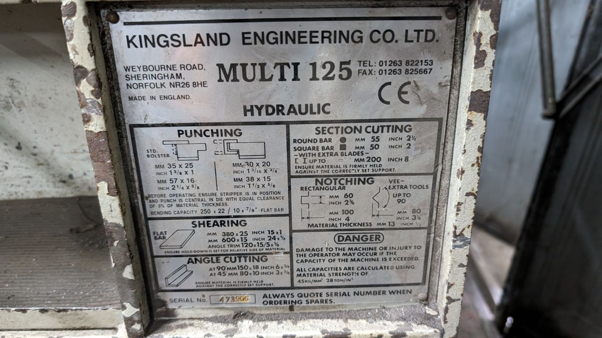 Kingsland multi 125 hydraulic metalworker, serial number 473906. Includes foot pedal plus tooling a - Image 6 of 22
