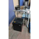 Mixed lot comprising stainless steel trolley with pull-out drawer, 7 pans & small fridge