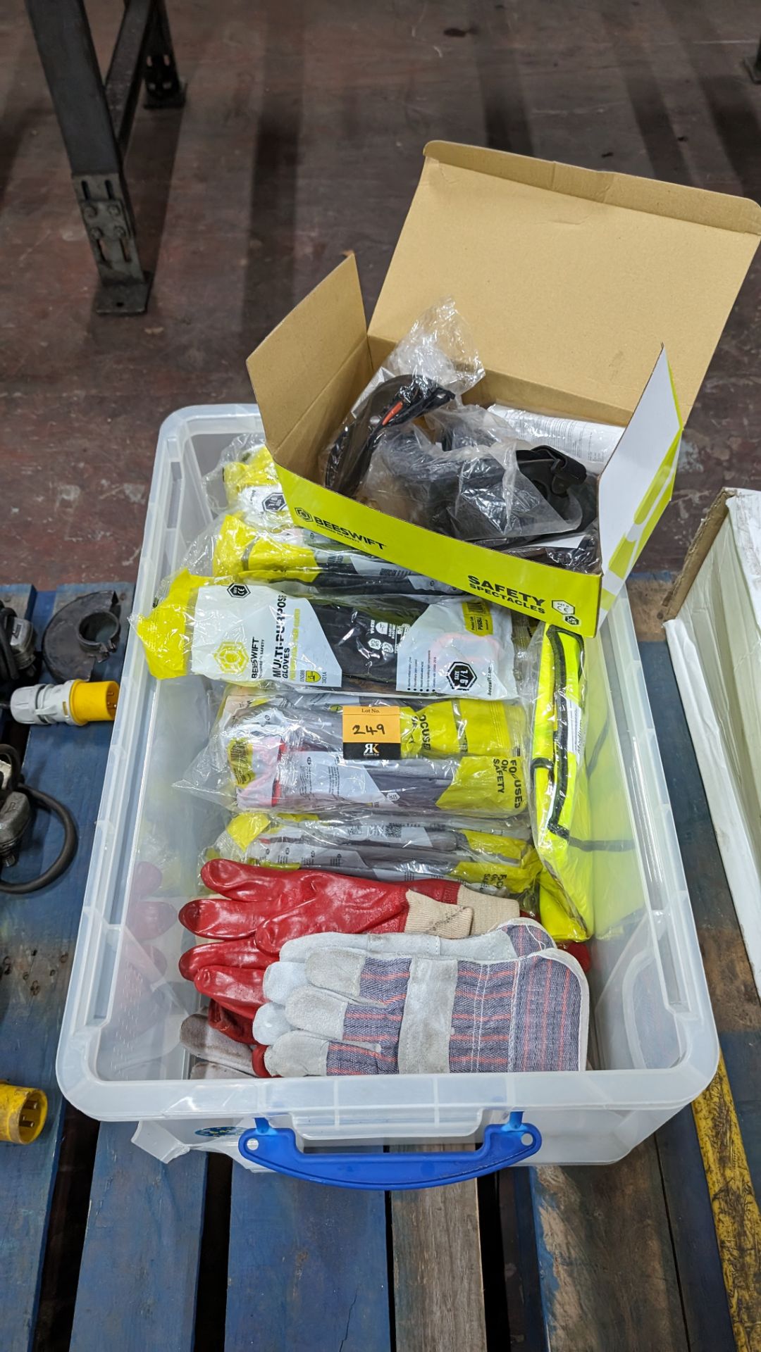 PPE equipment comprising the contents of a crate of gloves plus small quantity of hi-vis clothing &