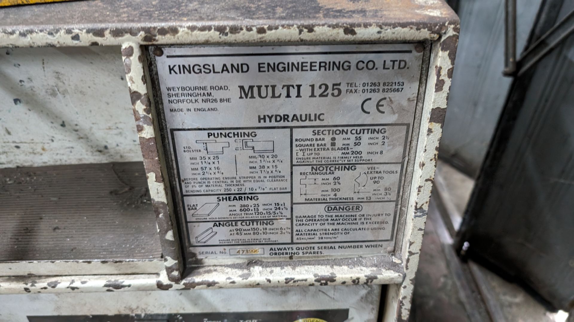 Kingsland multi 125 hydraulic metalworker, serial number 473906. Includes foot pedal plus tooling a - Image 5 of 22