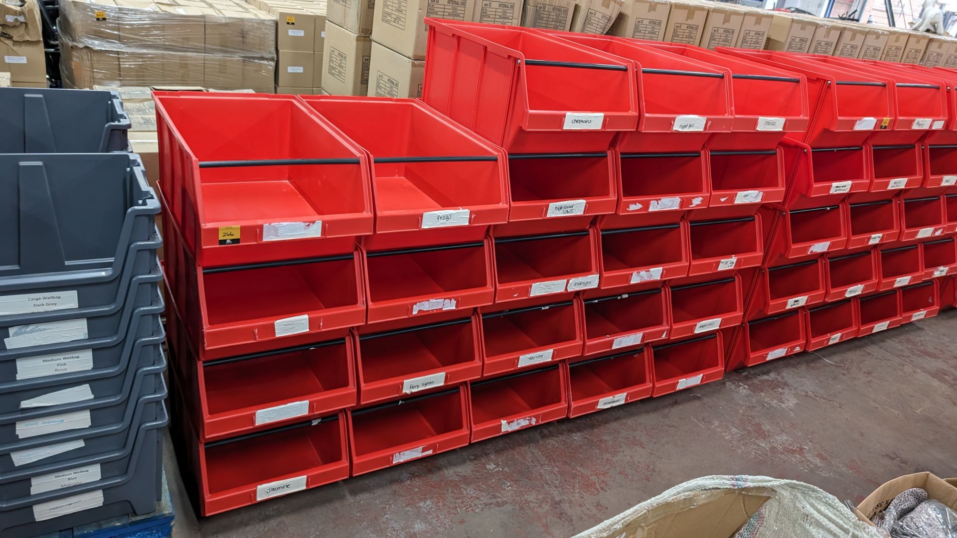 23 off red large picking bins, each bin measuring approximately 440mm x 730mm x 300mm. Lots 266 - 2