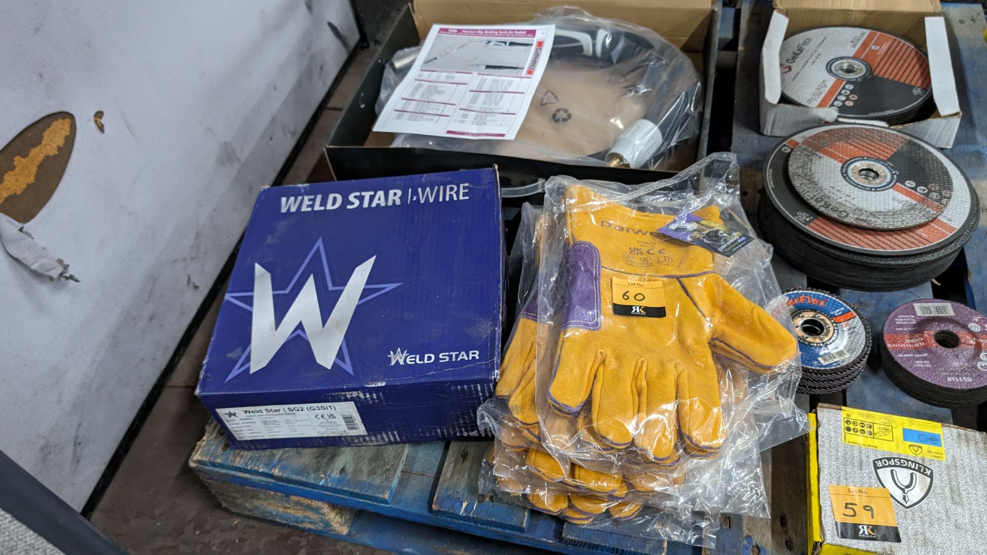 Quantity of welding consumables & PPE comprising stack of gauntlets, box of wire & welding torch, al - Image 8 of 8