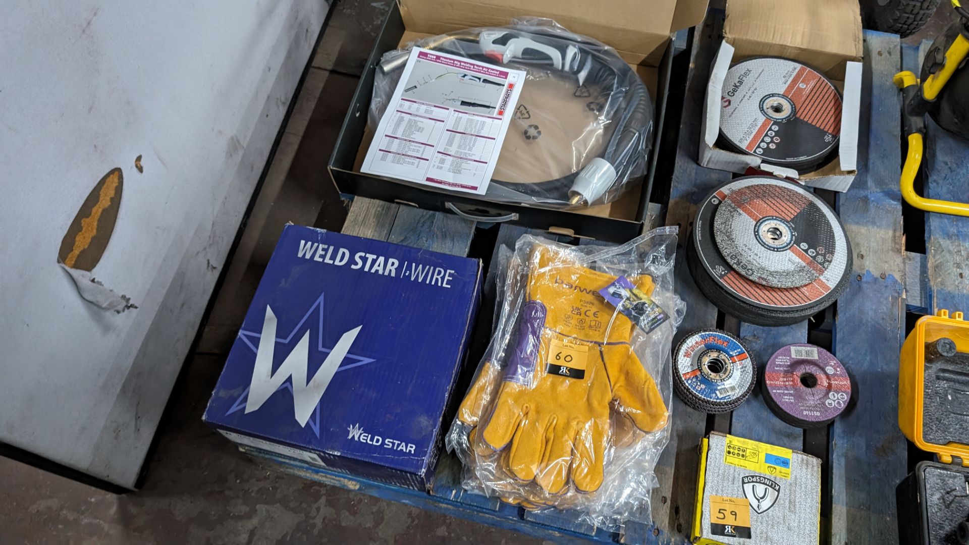 Quantity of welding consumables & PPE comprising stack of gauntlets, box of wire & welding torch, al