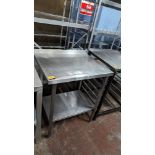 Small stainless steel twin tier table with splashback to top shelf, max external dimensions 750 x 60