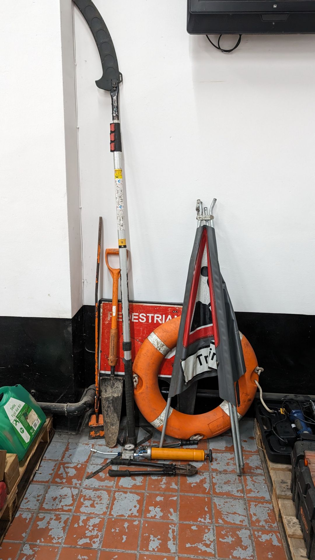 Quantity of signage, tools & more including very long handled pole saw - Image 2 of 7