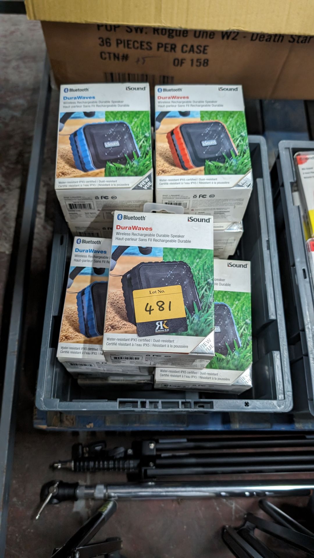 The contents of a crate of Bluetooth Durawaves wireless rechargeable speakers