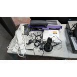 Mixed networking lot comprising hub/router, dvr, decked telephone, trailing sockets, mini tripod sta