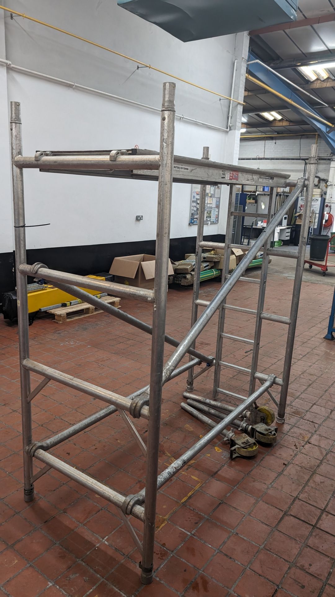 1 off small scaffold tower comprising 2 uprights, 4 beams/braces, 1 platform & 3 wheels - Image 4 of 5
