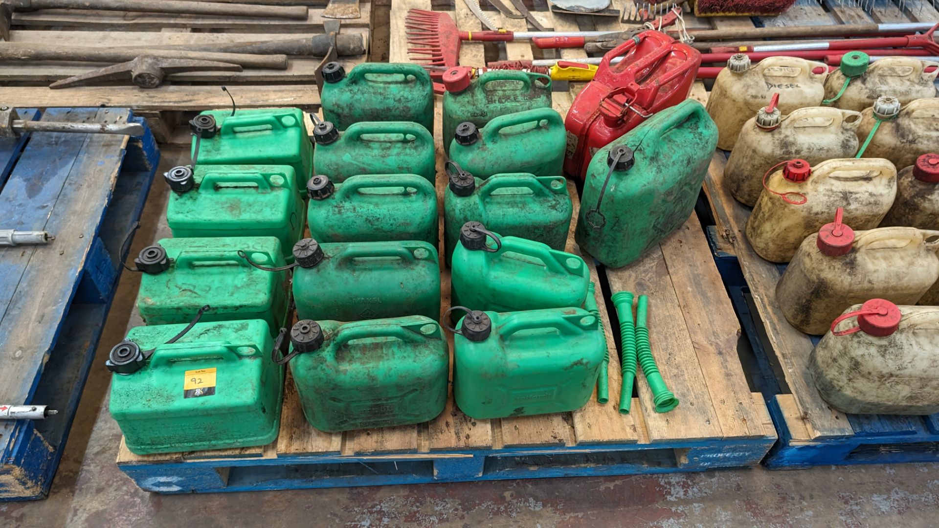 The contents of a pallet of plastic fuel cans