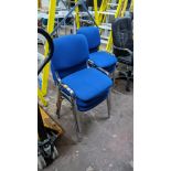 6 off matching stacking blue tweed upholstered stand chairs on silver frames