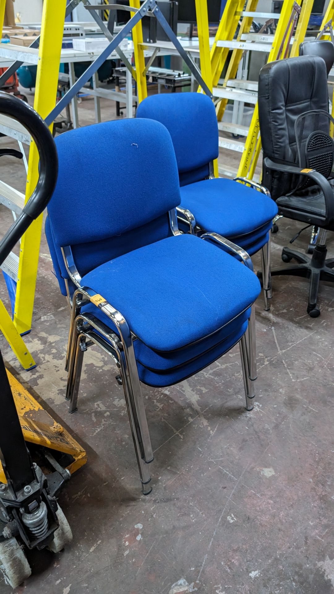 6 off matching stacking blue tweed upholstered stand chairs on silver frames