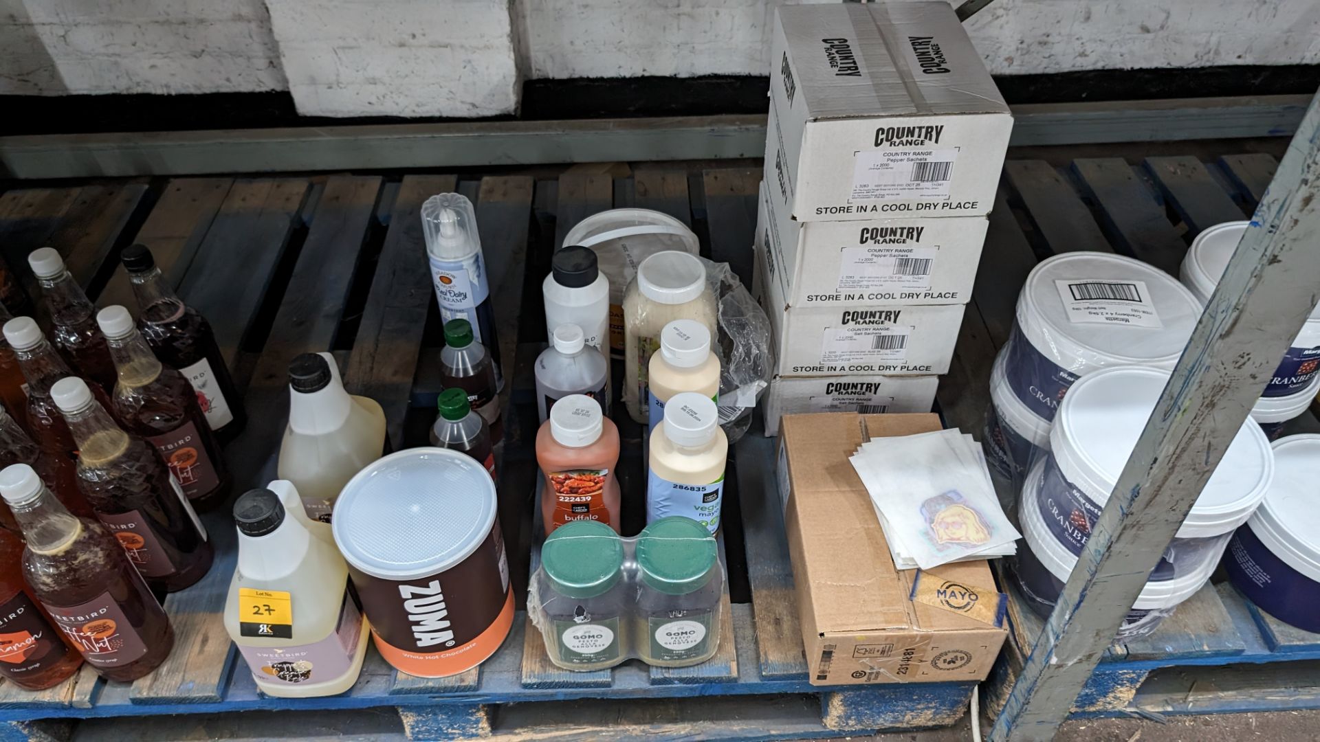 Mixed lot of frappe base, powdered drinks, bottles of table sauces & more, plus 5 boxes of sachets,