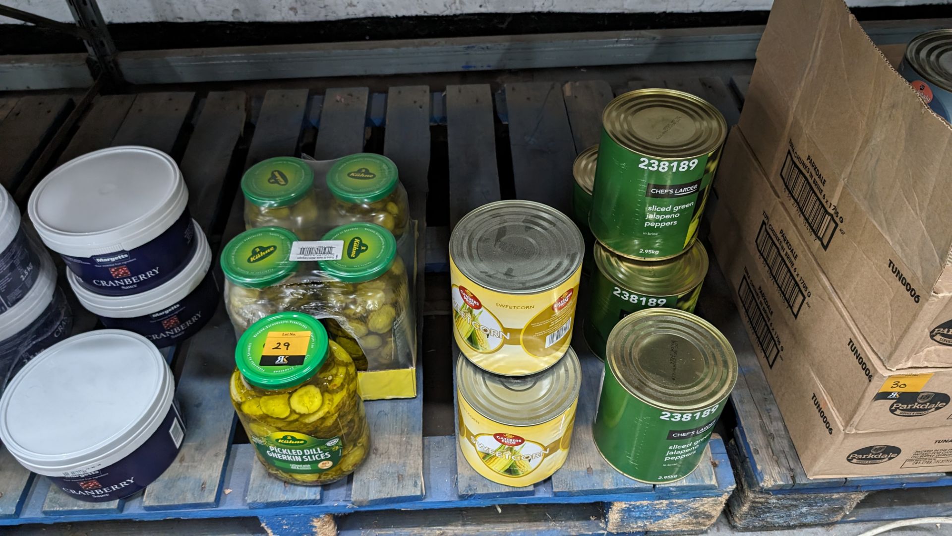 12 large jars & tins of sliced pickled gherkins, sweetcorn & jalapeño peppers. Jar size 2.45kg, swe