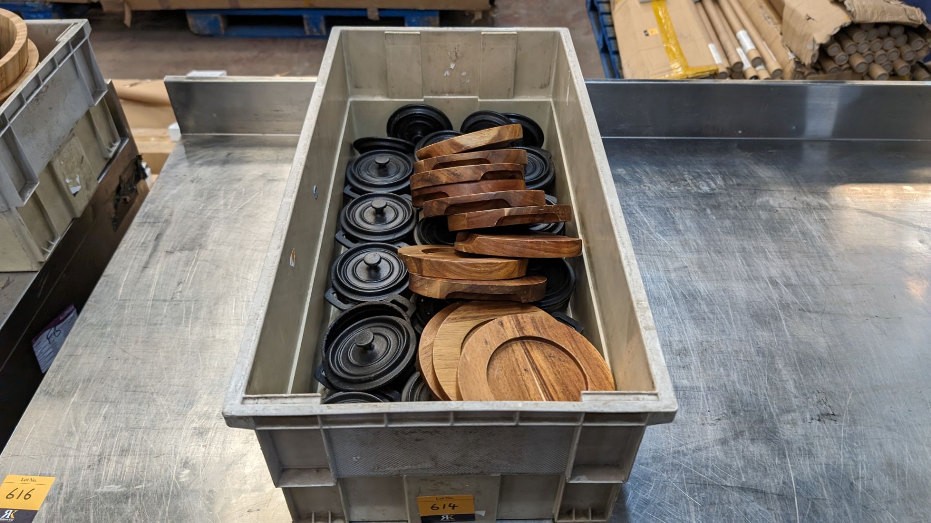 The contents of a crate of Utopia cast iron small pots with lids plus a quantity of wooden stands fo - Image 2 of 6