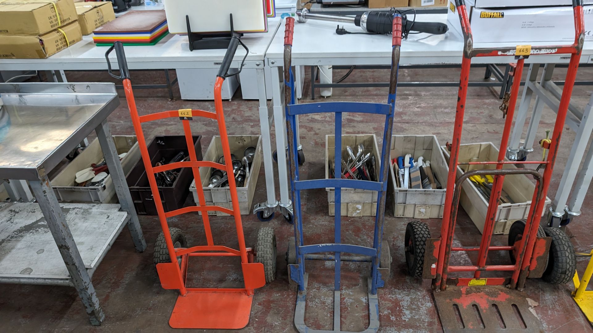 2 off metal sack trucks (one red, one blue) - Image 2 of 5