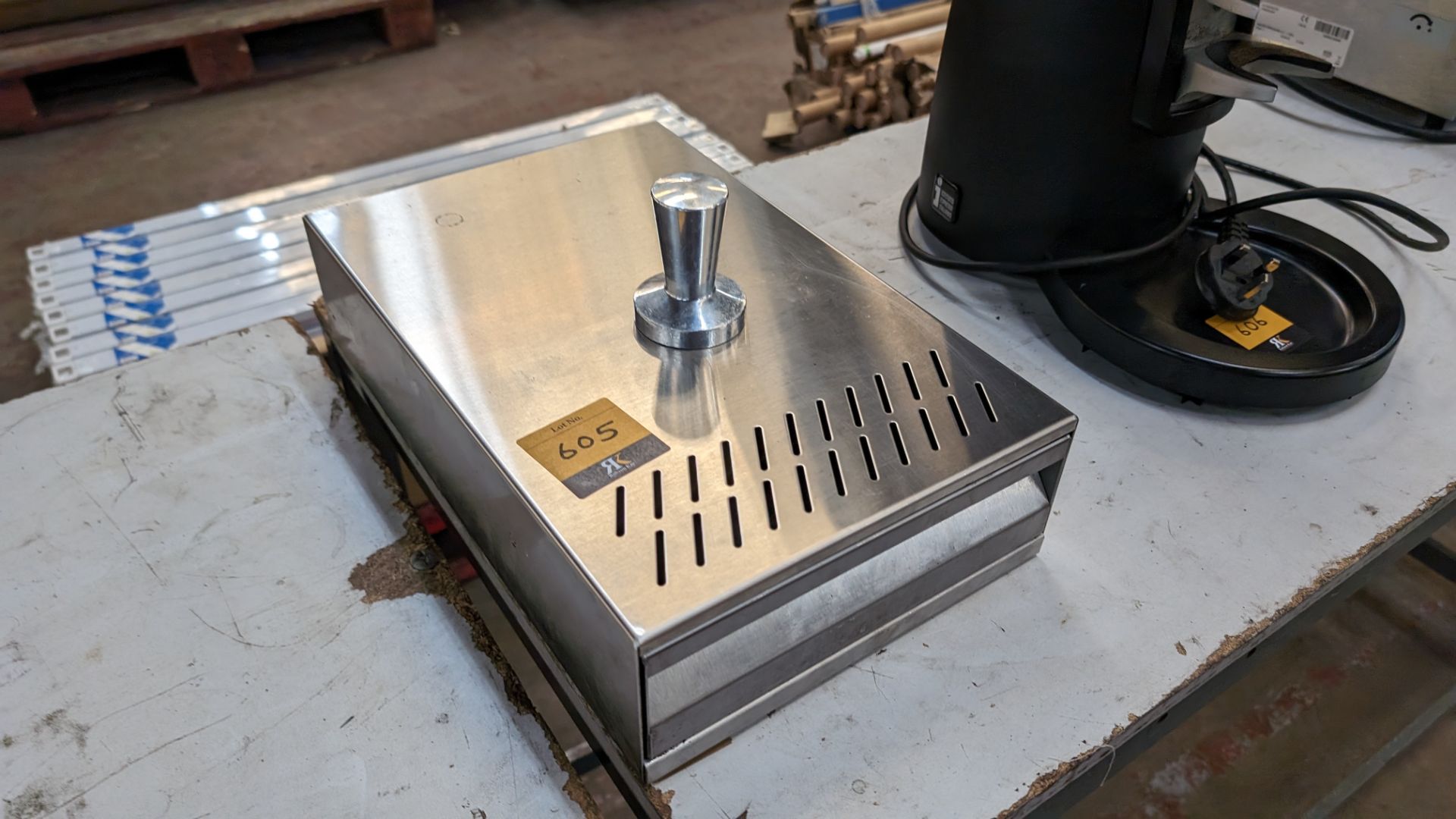 Stainless steel knock box drawer plus tamper