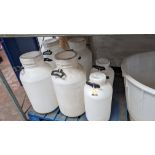 6 large and extra large plastic milk churns with lids