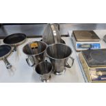 3 assorted stainless steel jugs and 3 assorted sieves