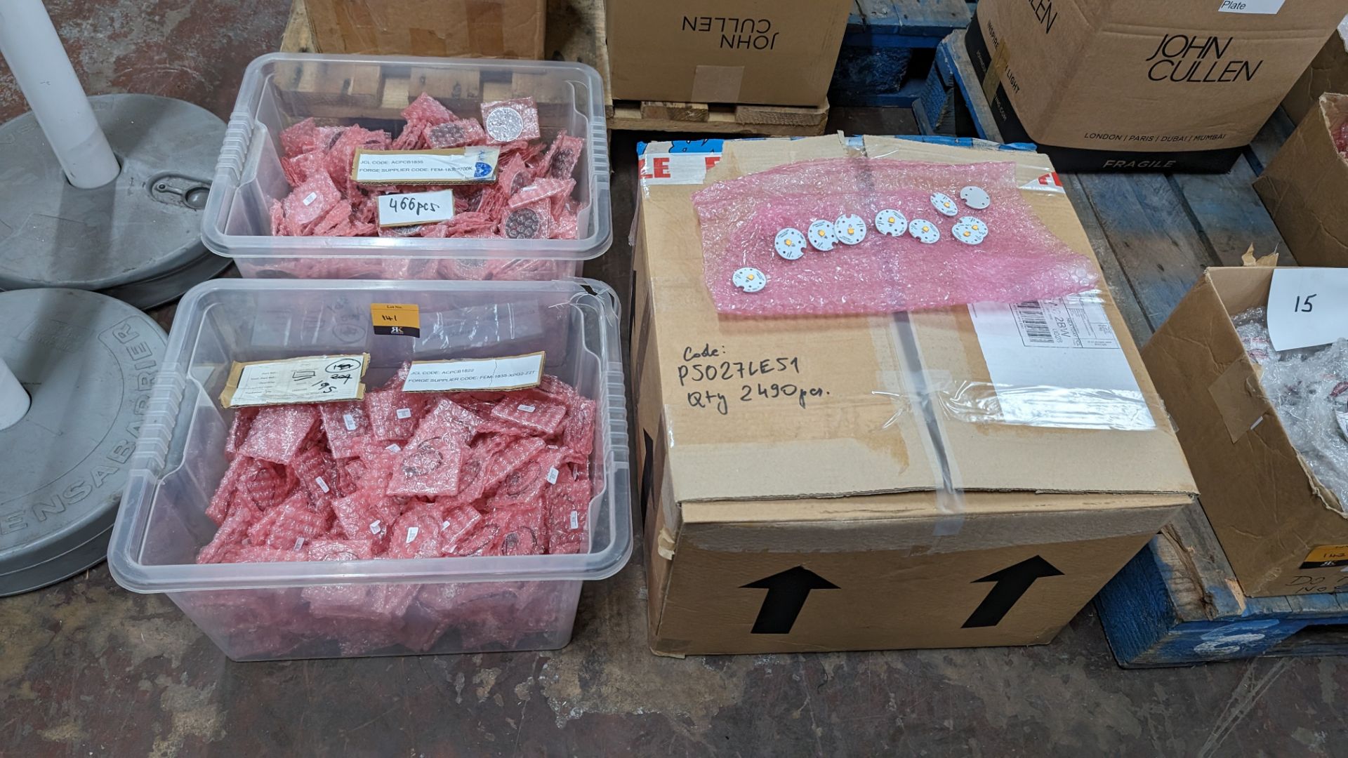 The contents of 3 boxes/crates of LED components