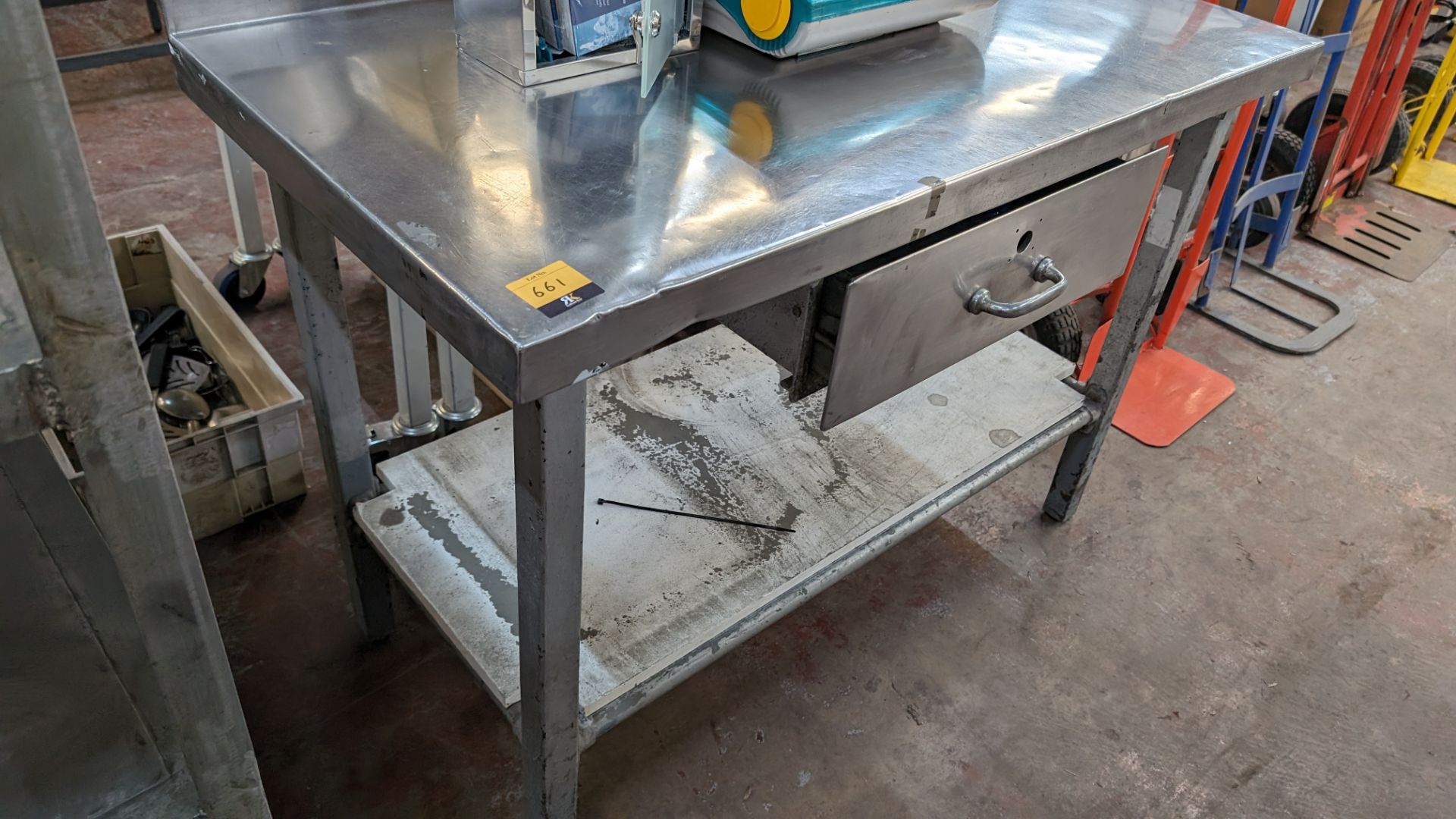 Stainless steel topped table with pull out drawer - Image 2 of 4