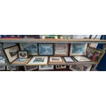 The contents of a bay of framed prints & pictures including reproduction Lowry, vintage photographs,