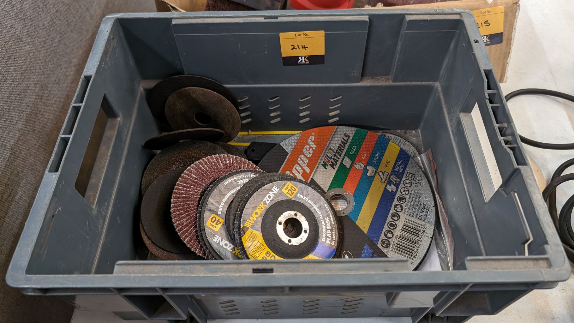 The contents of a crate of angle grinder consumables