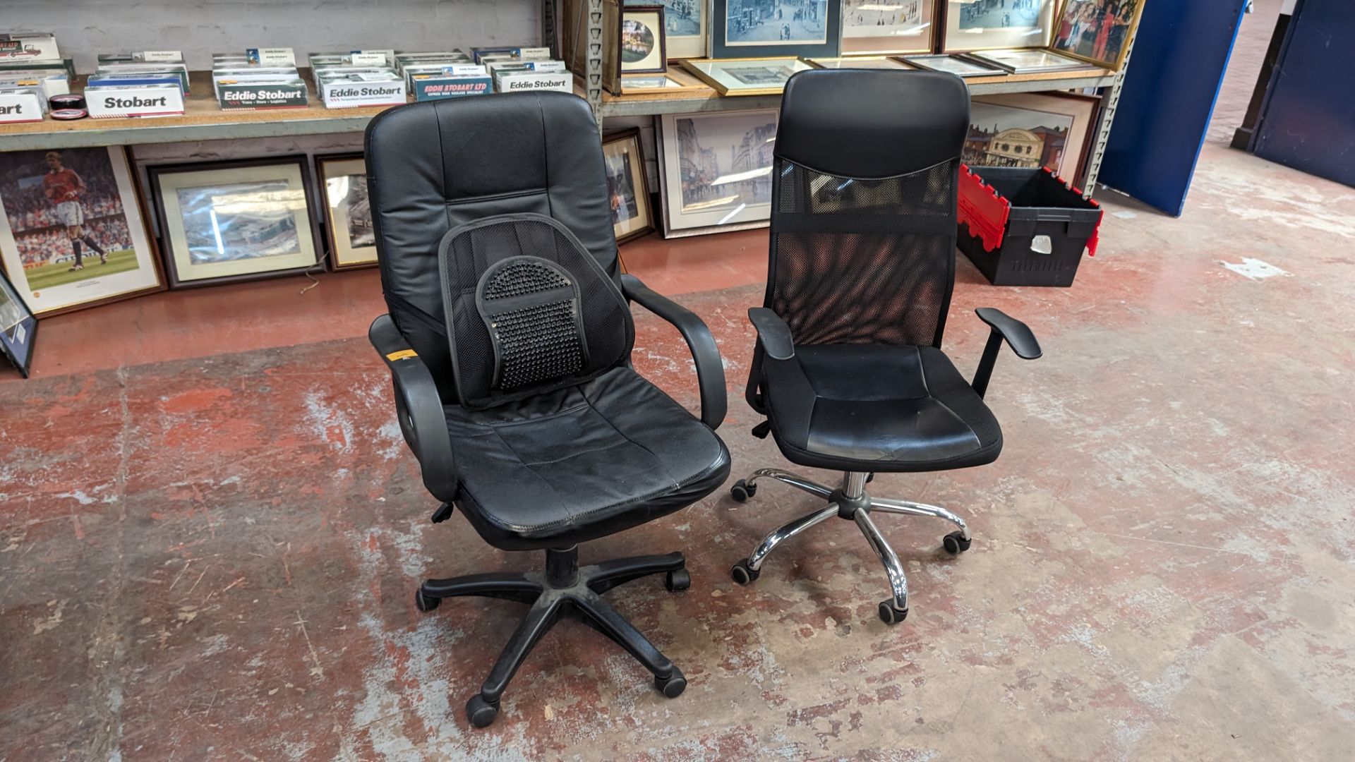2 off assorted black leather exec/operators chairs plus detachable back support