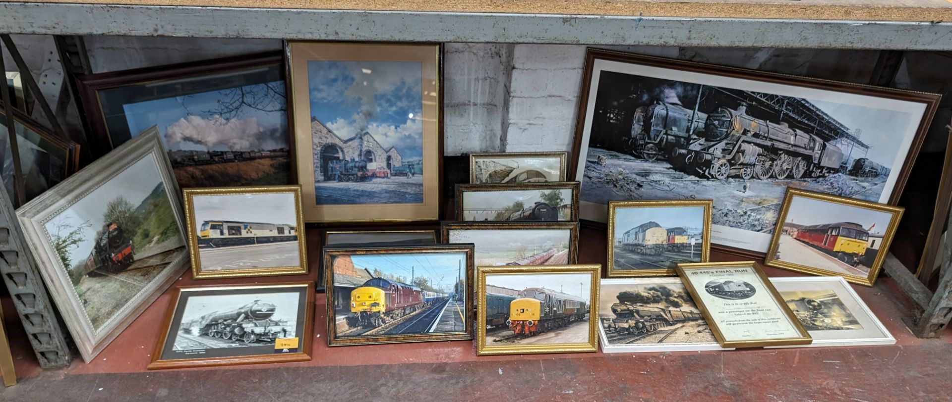 The contents of a bay of railway related photographs & pictures, all individually framed - 17 items