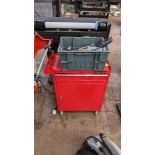 Red metal mobile cabinet with cupboard section & drawer above, including all tools within & above as