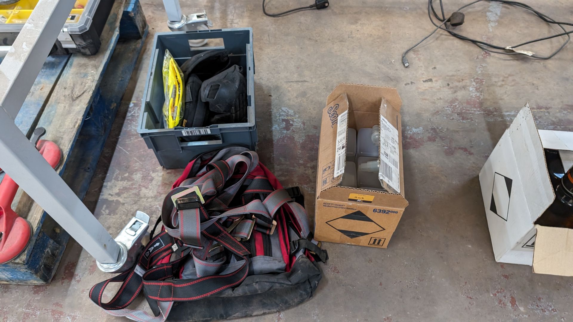 Safety equipment comprising harnesses, the contents of a crate of PPE plus quantity of hand sanitise