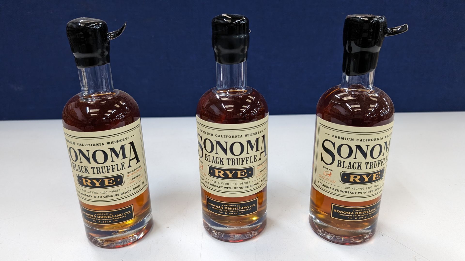 3 off 375ml bottles of Sonoma Black Truffle Rye Whiskey. 50% alc/vol (100 proof). Straight rye whi