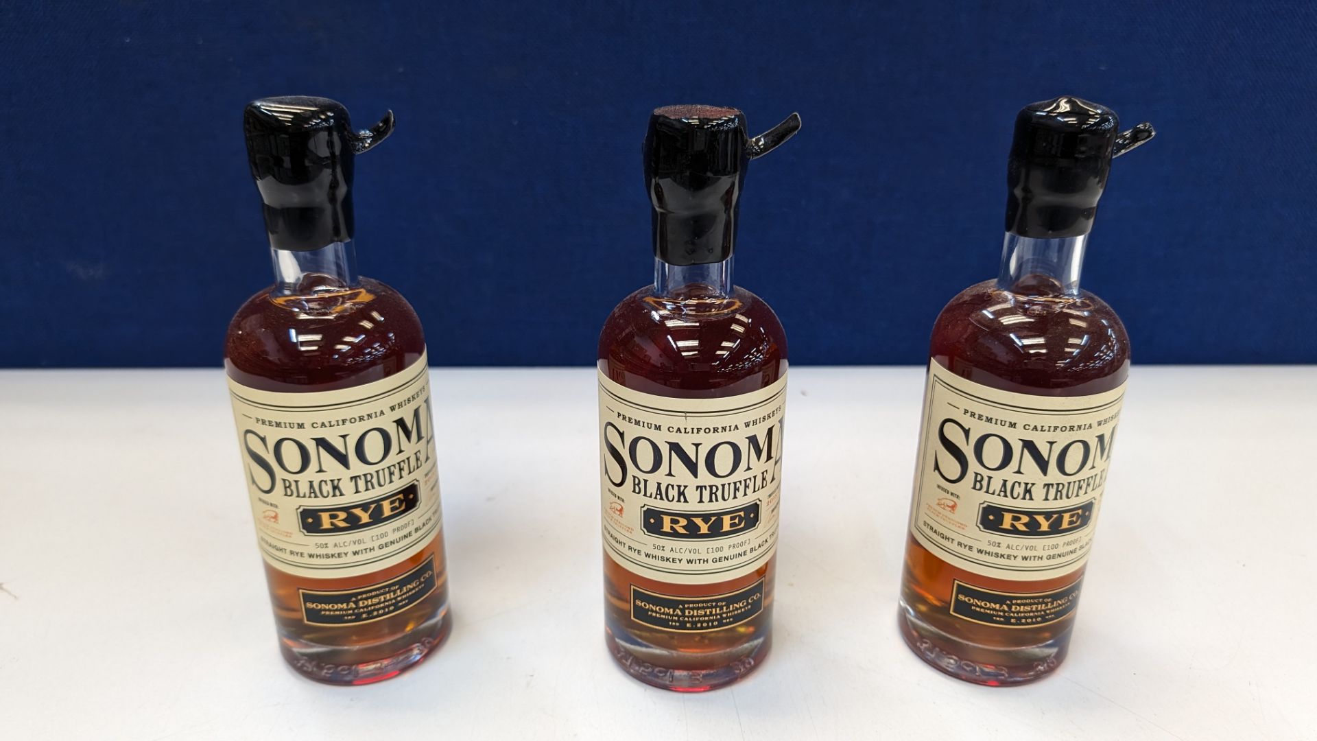3 off 375ml bottles of Sonoma Black Truffle Rye Whiskey. 50% alc/vol (100 proof). Straight rye whi