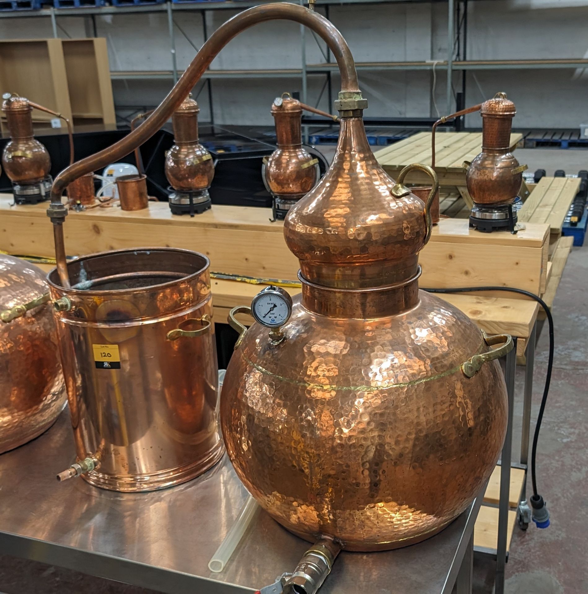 Copper Still with pipework and condenser. Including pressure gauge. Still understood to be 60L cap