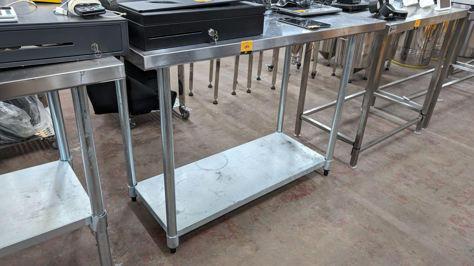 Stainless steel twin tier table with upstand at rear, max dimensions: 940mm x 610mm x 1220mm - Image 4 of 4