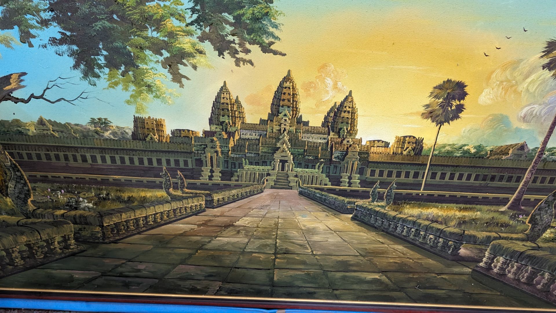 Large Cambodian oil painting of Angkor Wat, imported from Cambodia then stretched/framed in the UK. - Image 3 of 13