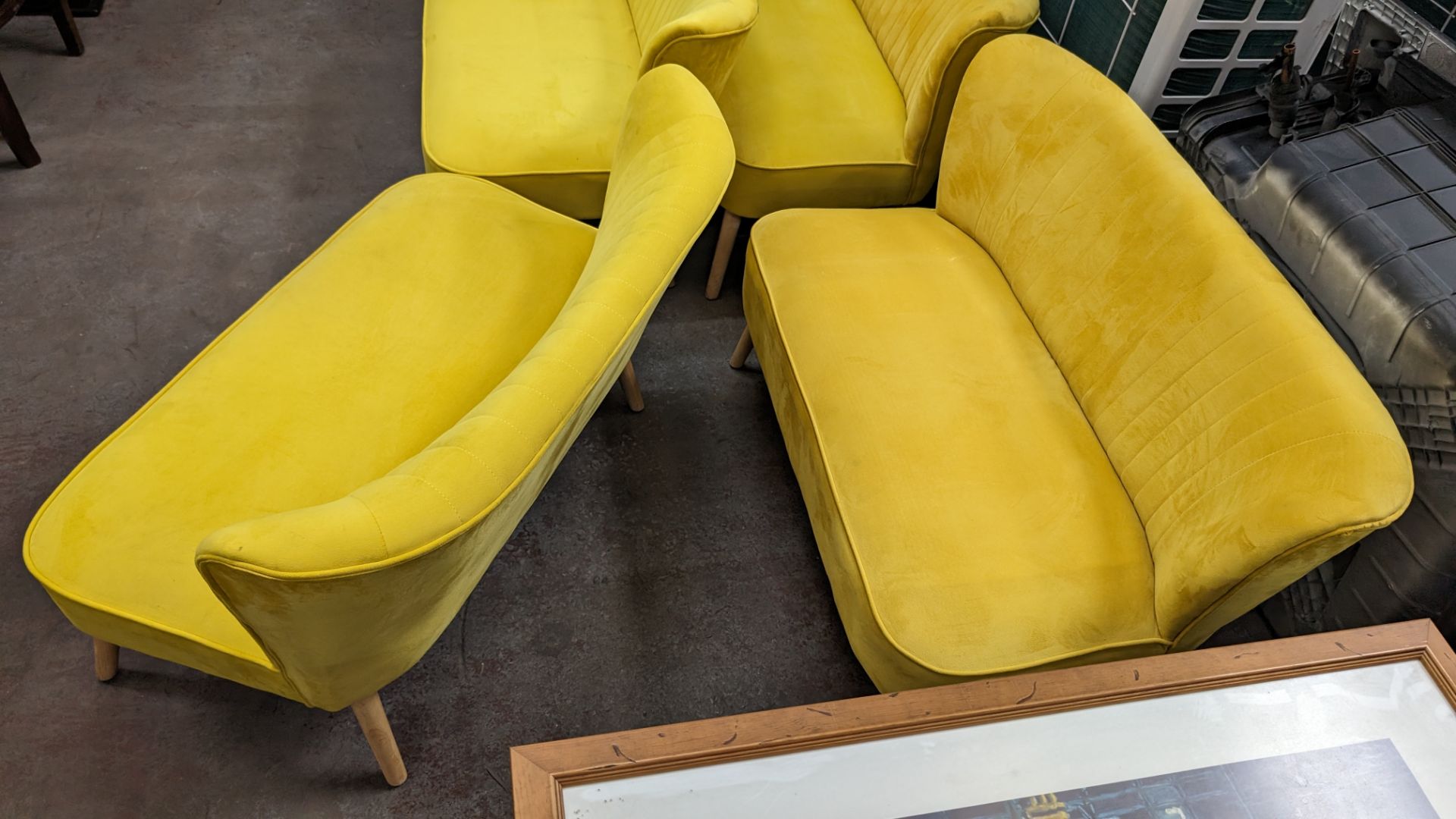Pair of mustard yellow velour two-person small sofas, each measuring approximately 1120mm wide - Image 6 of 6